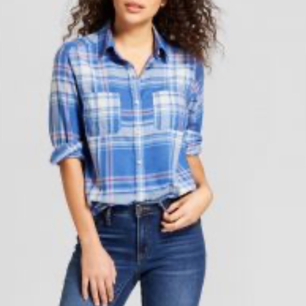 Universal Thread Blue Plaid Button Down Shirt - image 1